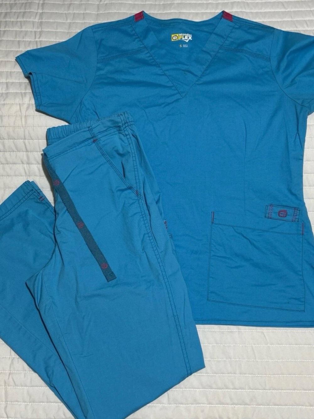 Wonder Flex Scrub Set Women's Top Shirt/Bottom Pants Blue Small Nurse Medical